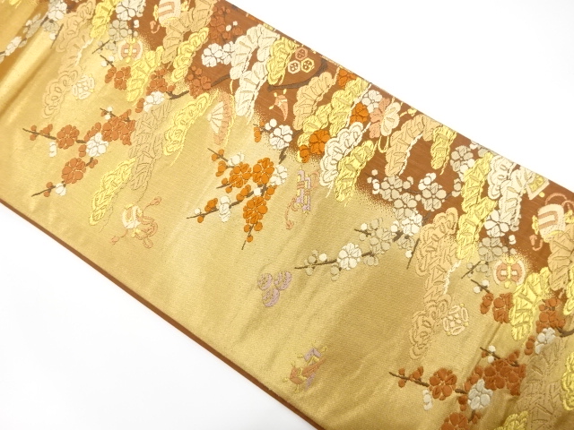 唐織　笠松に梅・宝尽くし模様織り出し　袋帯